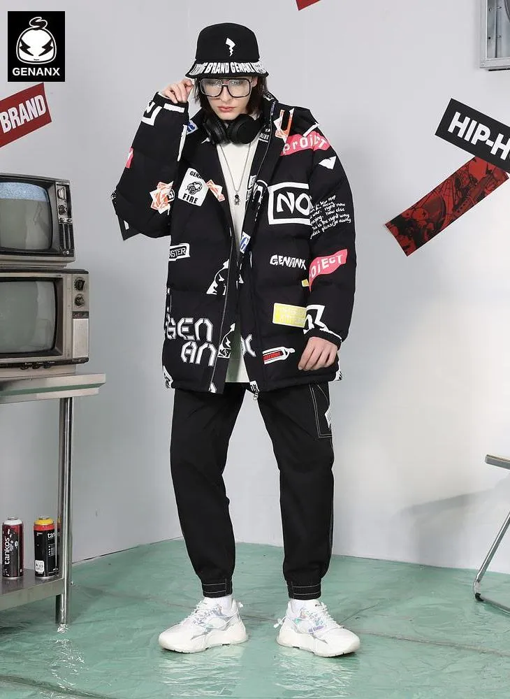 Street Letter Graffiti Print Removable Hooded Down Jacket