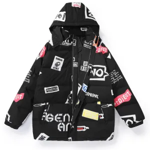 Street Letter Graffiti Print Removable Hooded Down Jacket