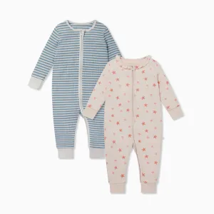 Stripe Ribbed & Starfish Zip-Up Romper 2 Pack