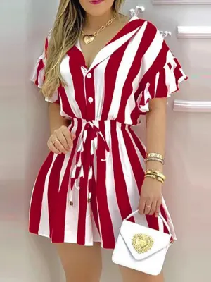 Striped Ruffled Short Sleeve Romper Dress