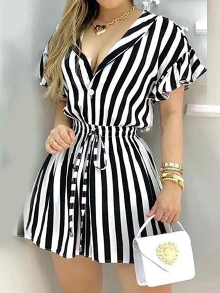 Striped Ruffled Short Sleeve Romper Dress