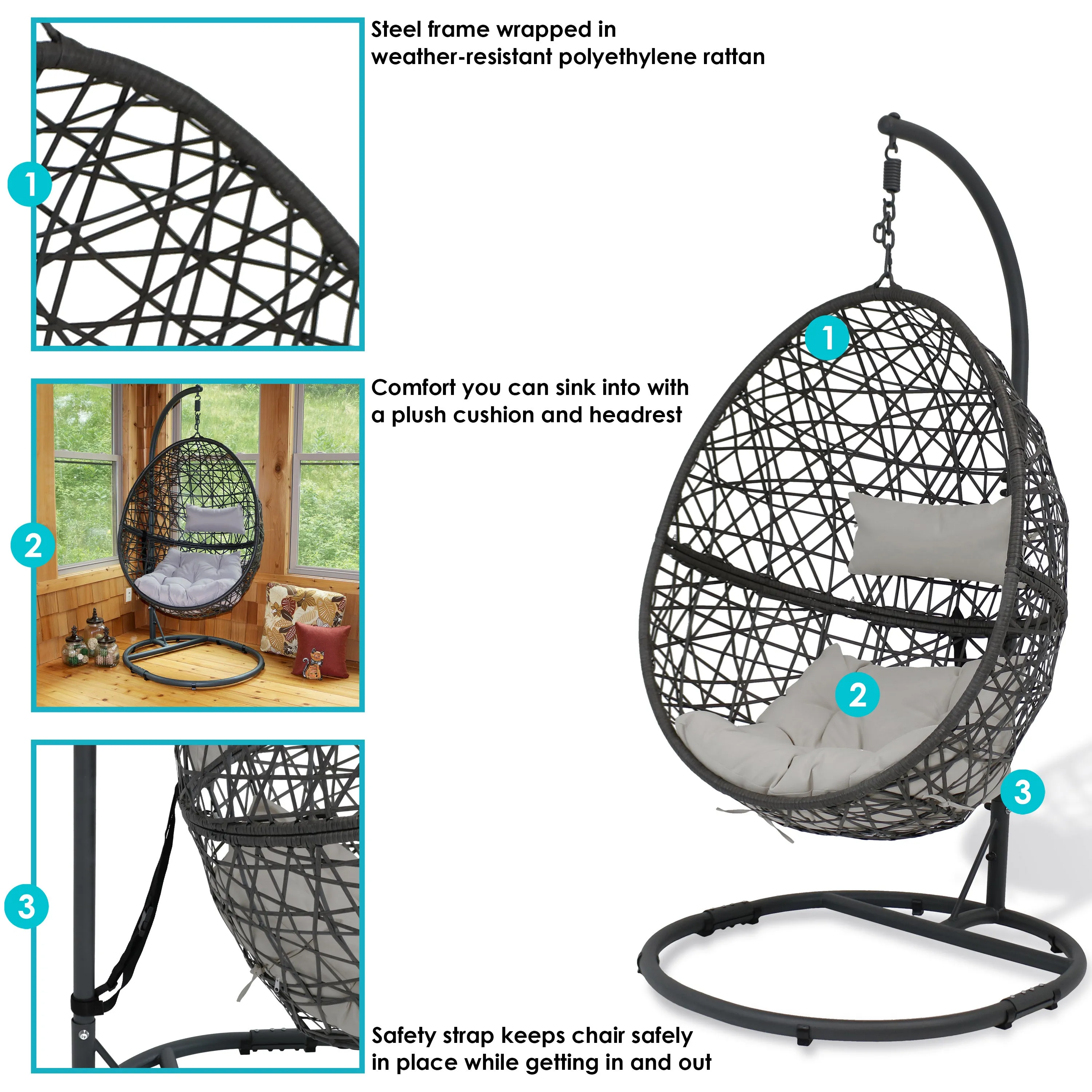 Sunnydaze Caroline Hanging Egg Chair with Steel Stand and Cushion