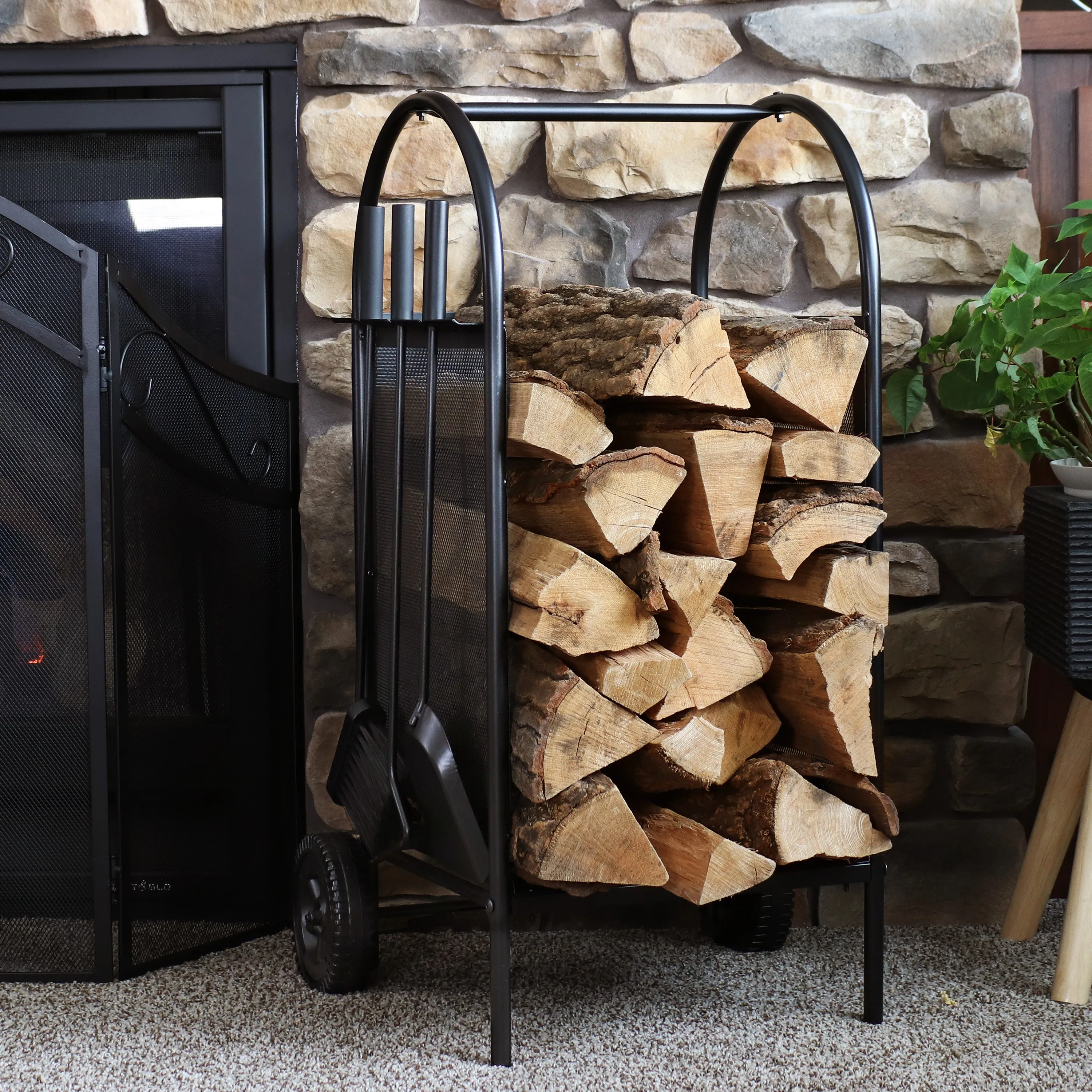 Sunnydaze Firewood Rack on Wheels with Fireplace Tool Set