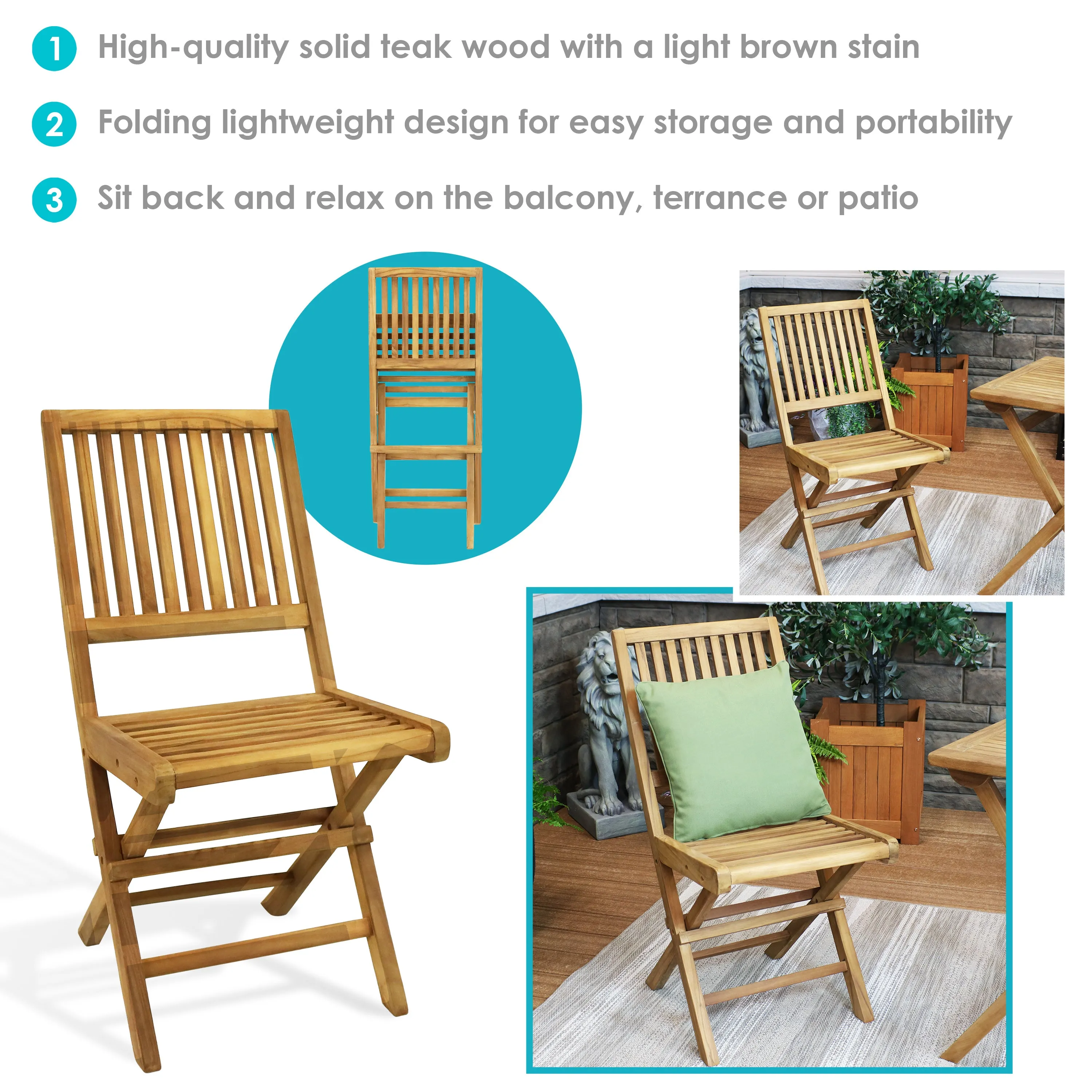 Sunnydaze Nantasket Teak Outdoor Folding Patio Chair with Slat Back - 2 Chairs