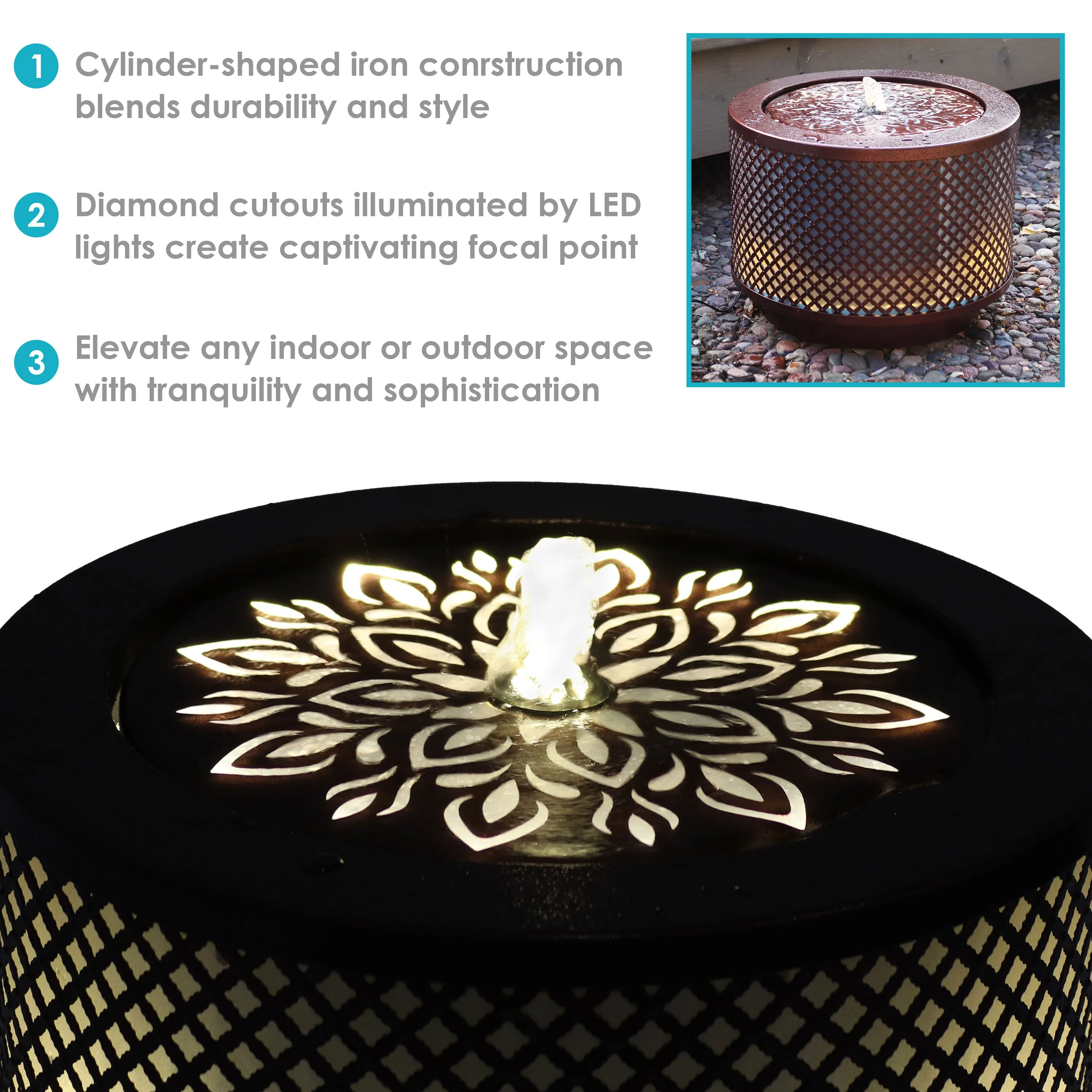 Sunnydaze Repeating Diamond Cylinder Iron Outdoor Water Fountain - 11.75"