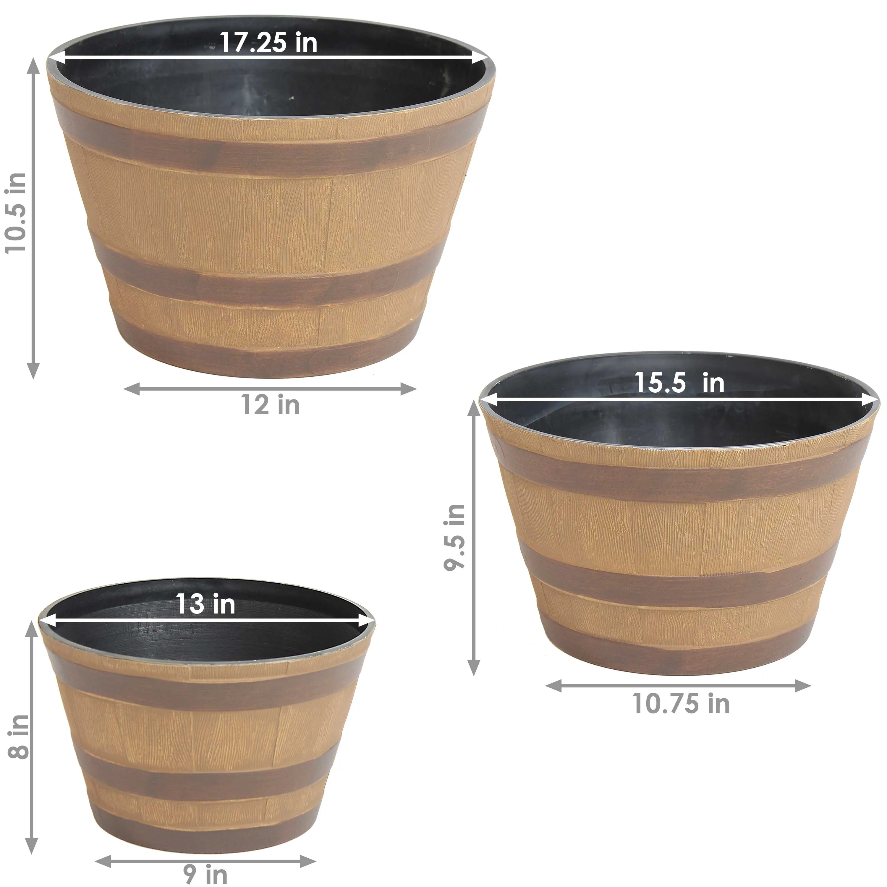 Sunnydaze Resin Rustic Cask Outdoor Planter - Set of 3