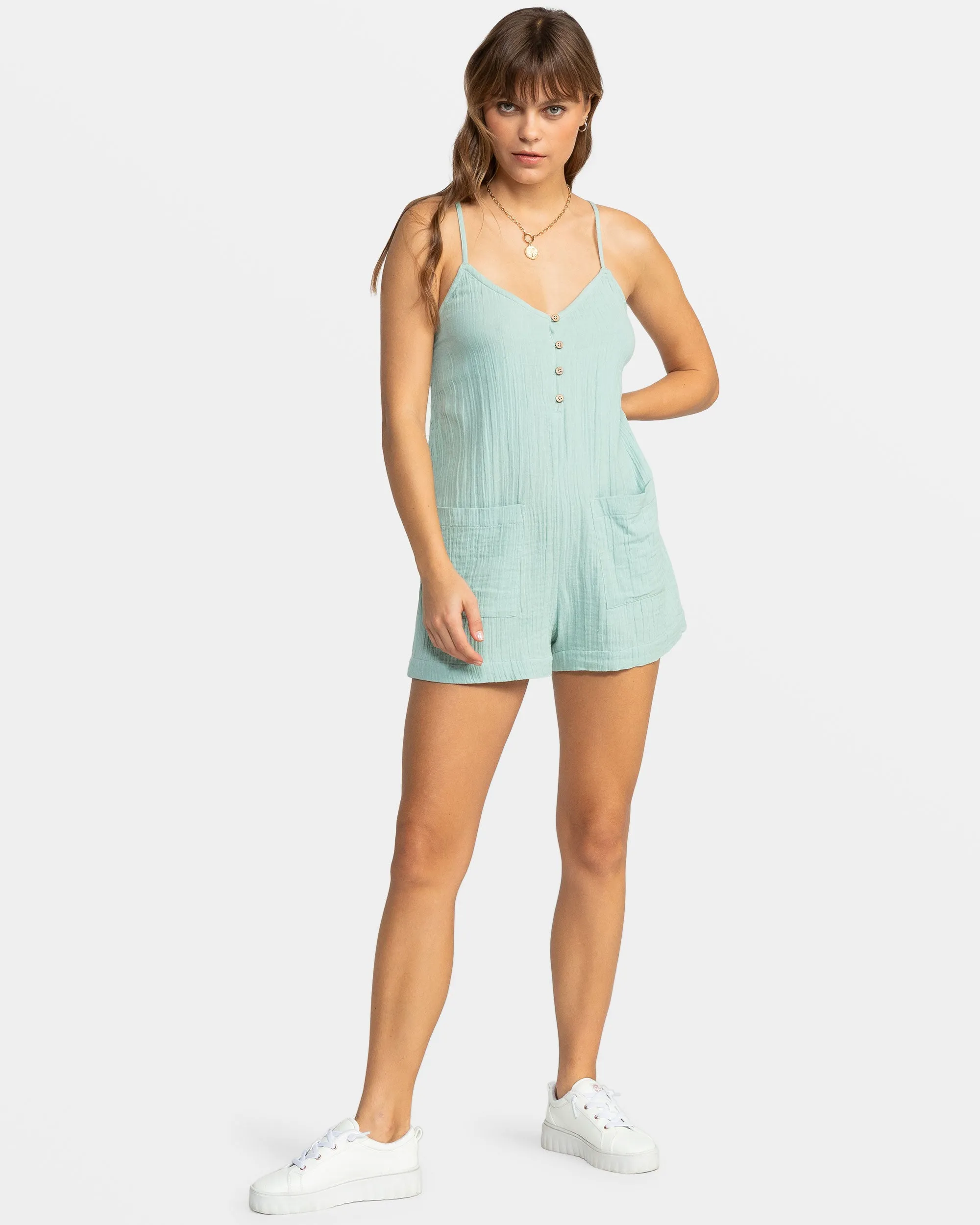 Sunshine Haze V- Neck Romper - Blue Surf