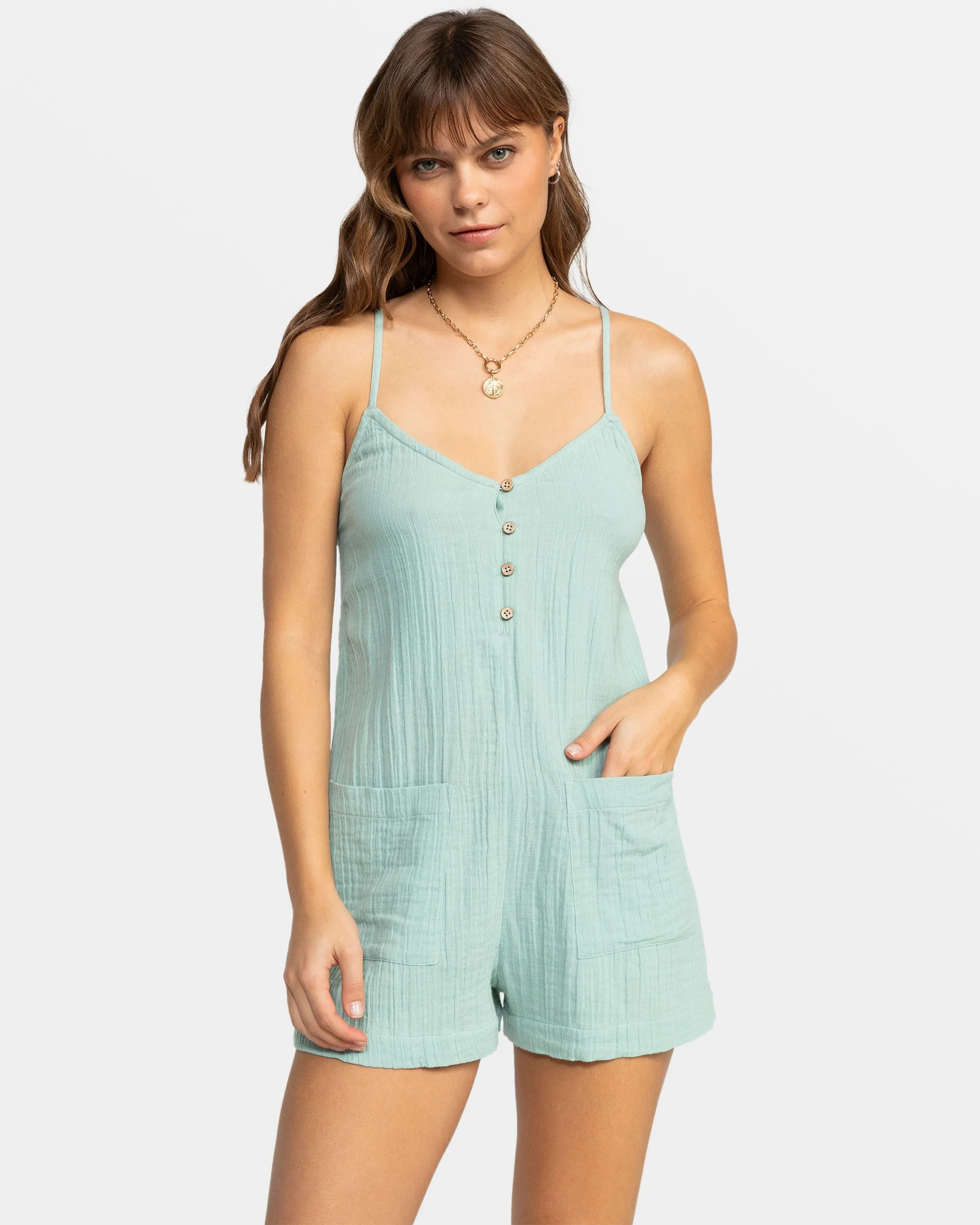 Sunshine Haze V- Neck Romper - Blue Surf