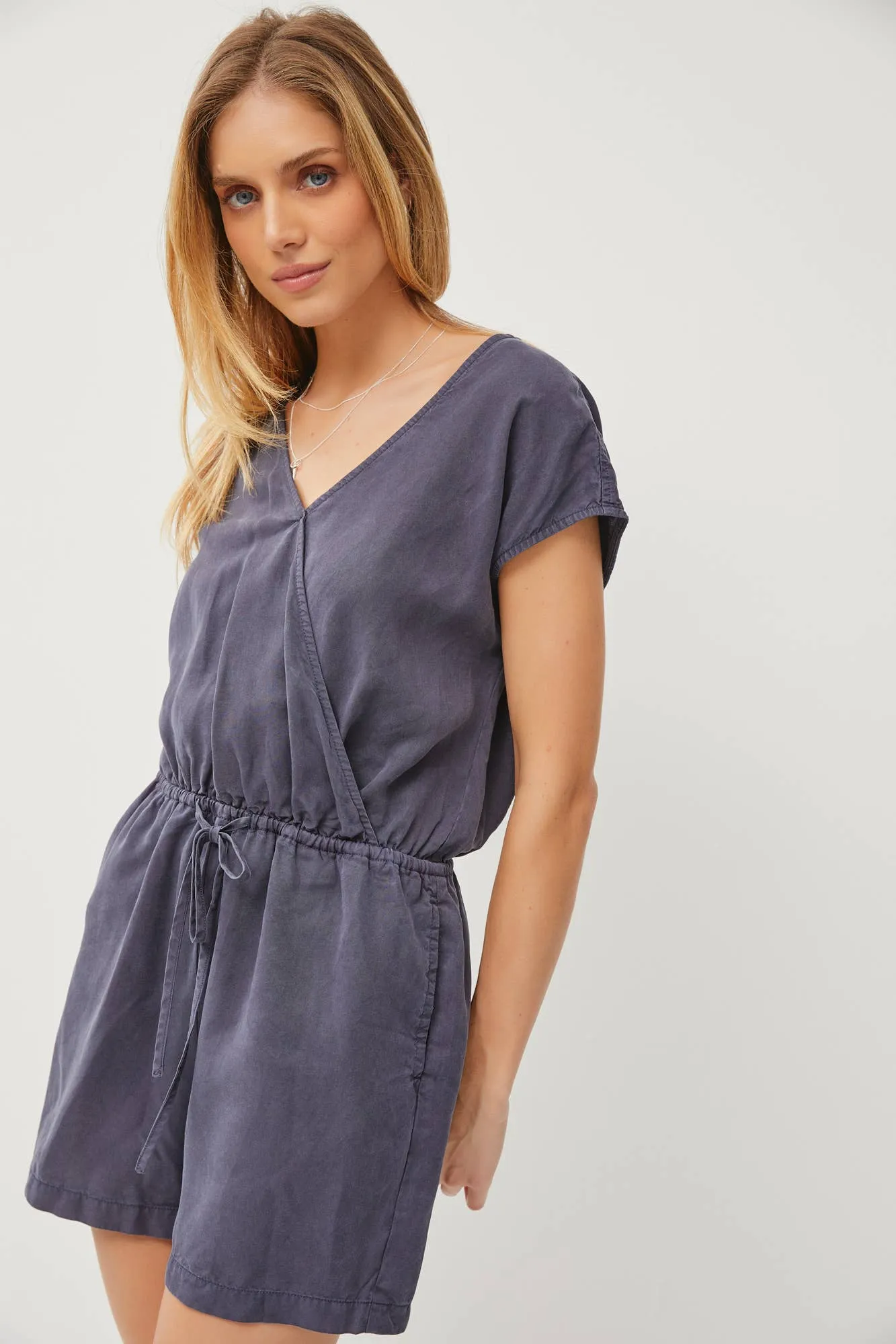 SURPLICE DRAWSTRING SHORT SLEEVE TENCEL ROMPER