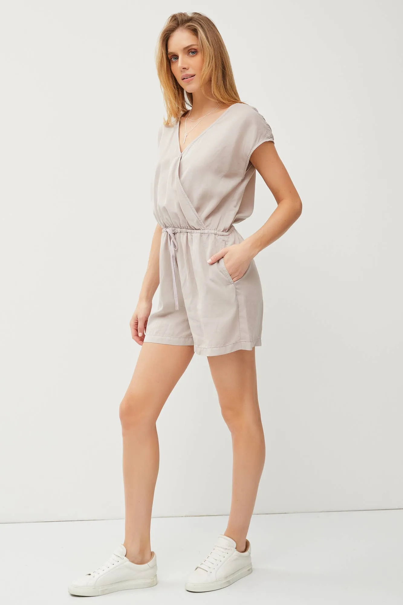 SURPLICE DRAWSTRING SHORT SLEEVE TENCEL ROMPER