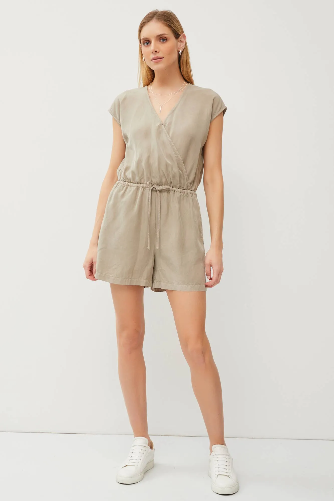 SURPLICE DRAWSTRING SHORT SLEEVE TENCEL ROMPER