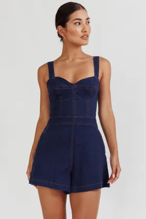 Tease Me Sweetheart Neckline Denim Romper Indigo