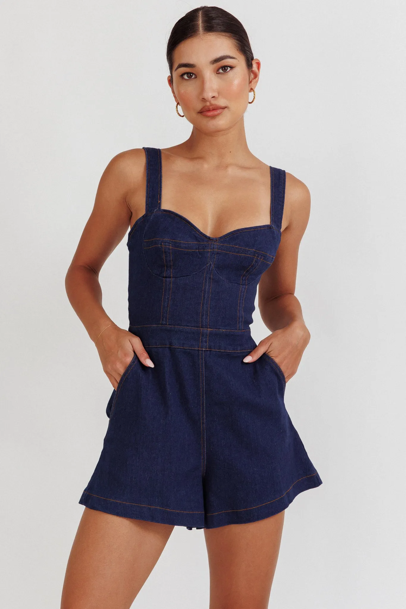 Tease Me Sweetheart Neckline Denim Romper Indigo