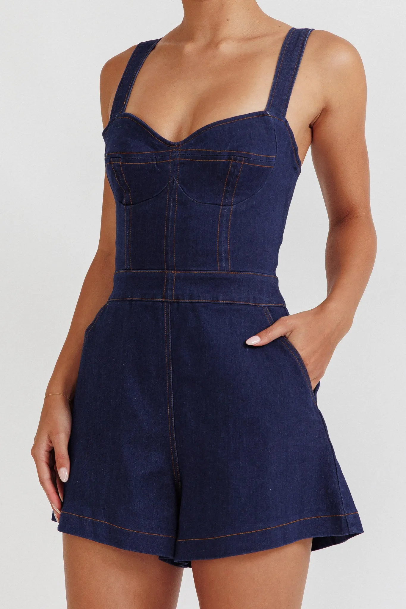 Tease Me Sweetheart Neckline Denim Romper Indigo