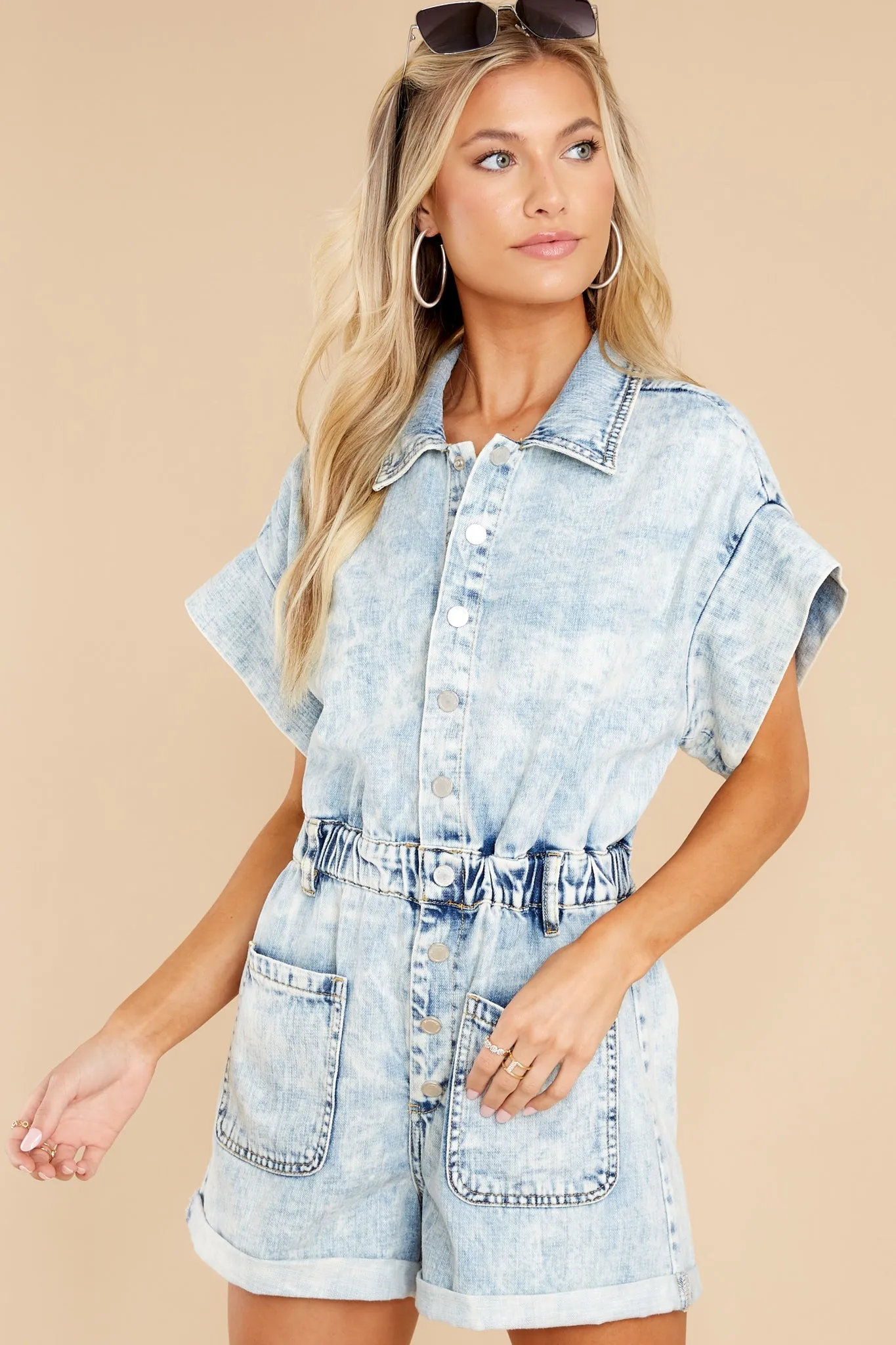 Time Zone Light Acid Wash Denim Romper