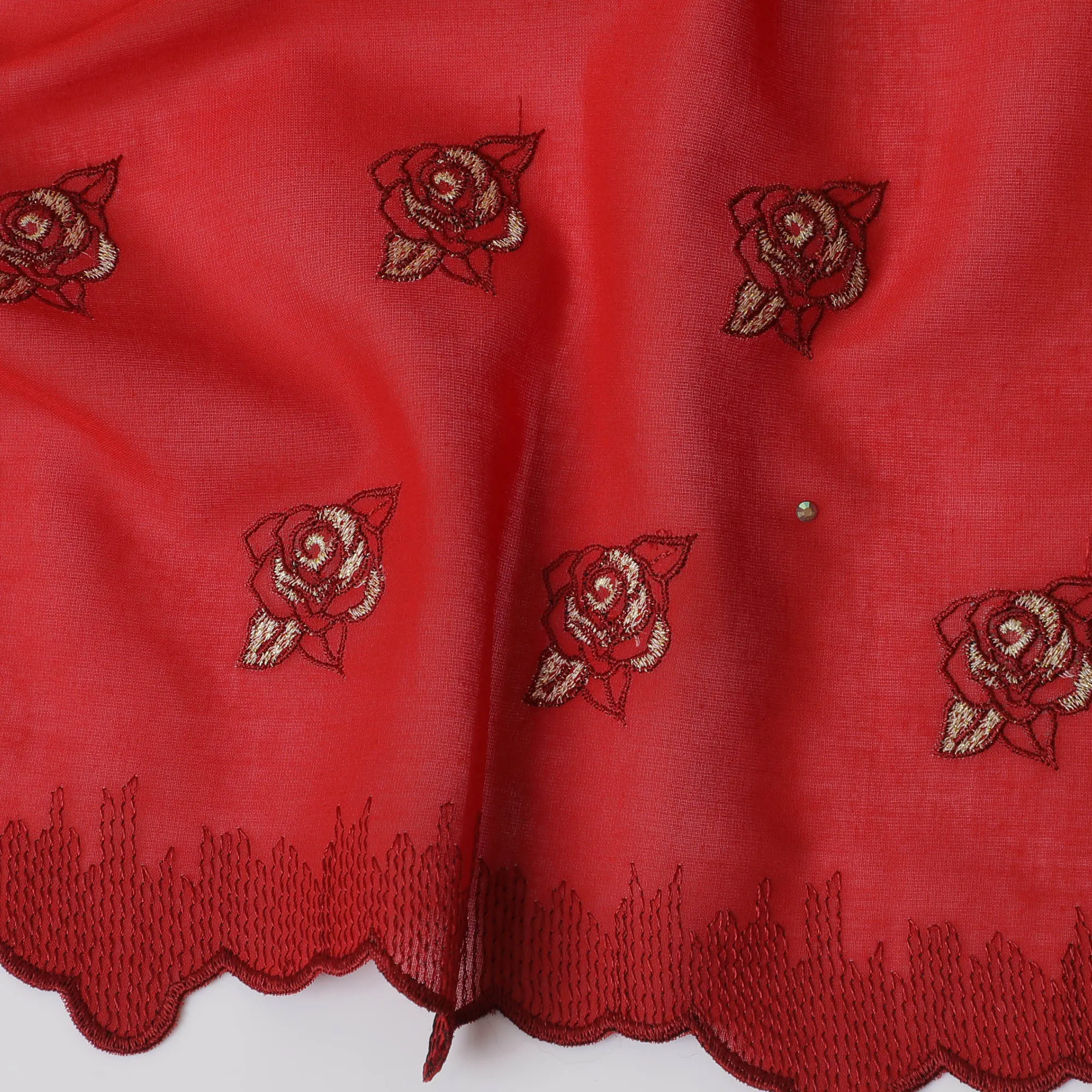 Traditional Red Premium Swiss Cotton Voile Embroidered Fabric - Rose Motifs, 140 cm Wide-D20192