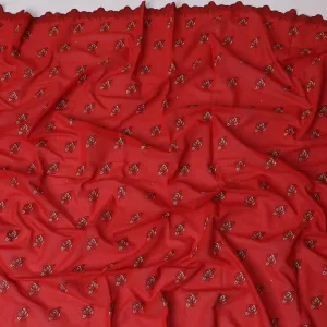 Traditional Red Premium Swiss Cotton Voile Embroidered Fabric - Rose Motifs, 140 cm Wide-D20192