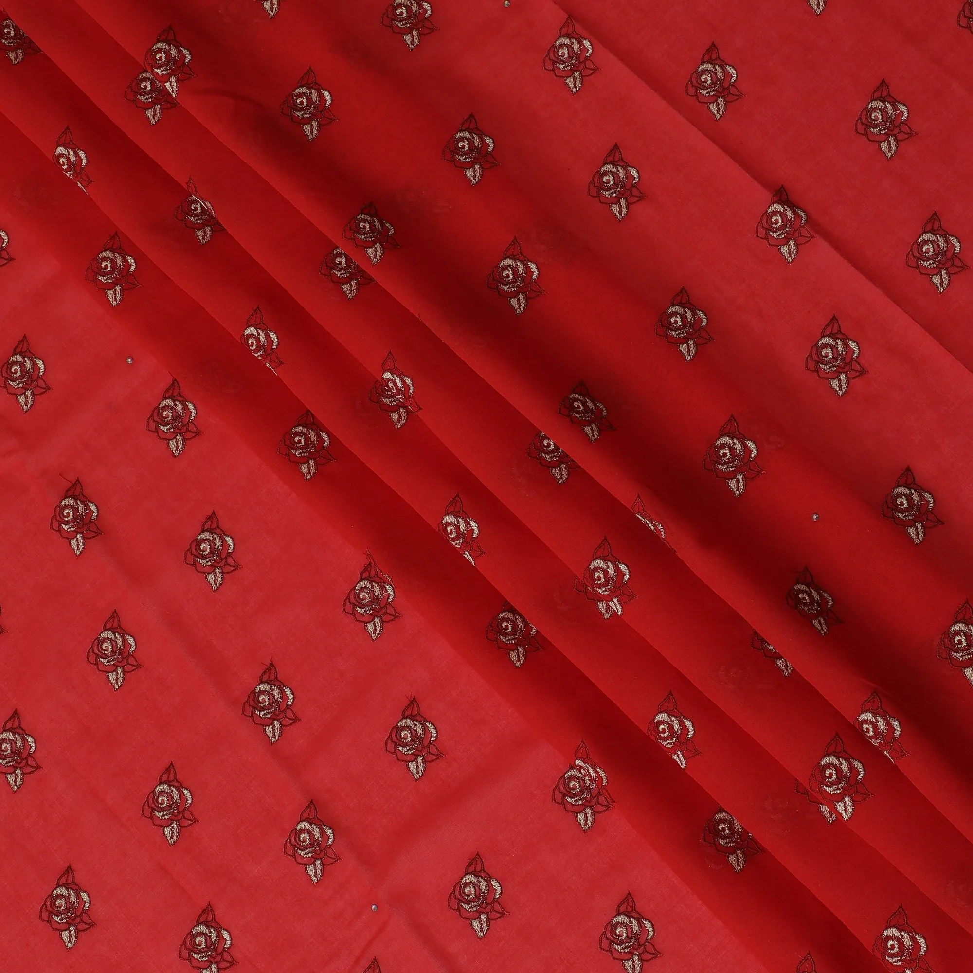 Traditional Red Premium Swiss Cotton Voile Embroidered Fabric - Rose Motifs, 140 cm Wide-D20192