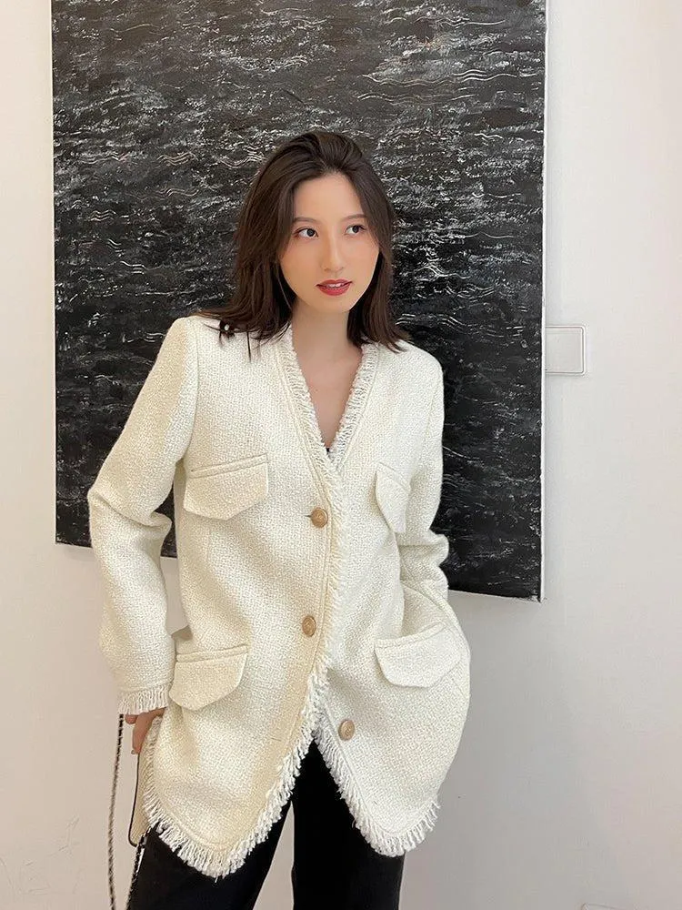 Tweed Cardigan Blazer Jacket Coat 2 Colors Black White