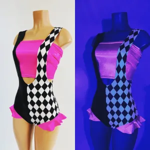 UV Glow Split Color Suspender Romper with Hip Ruffles and Tube Top