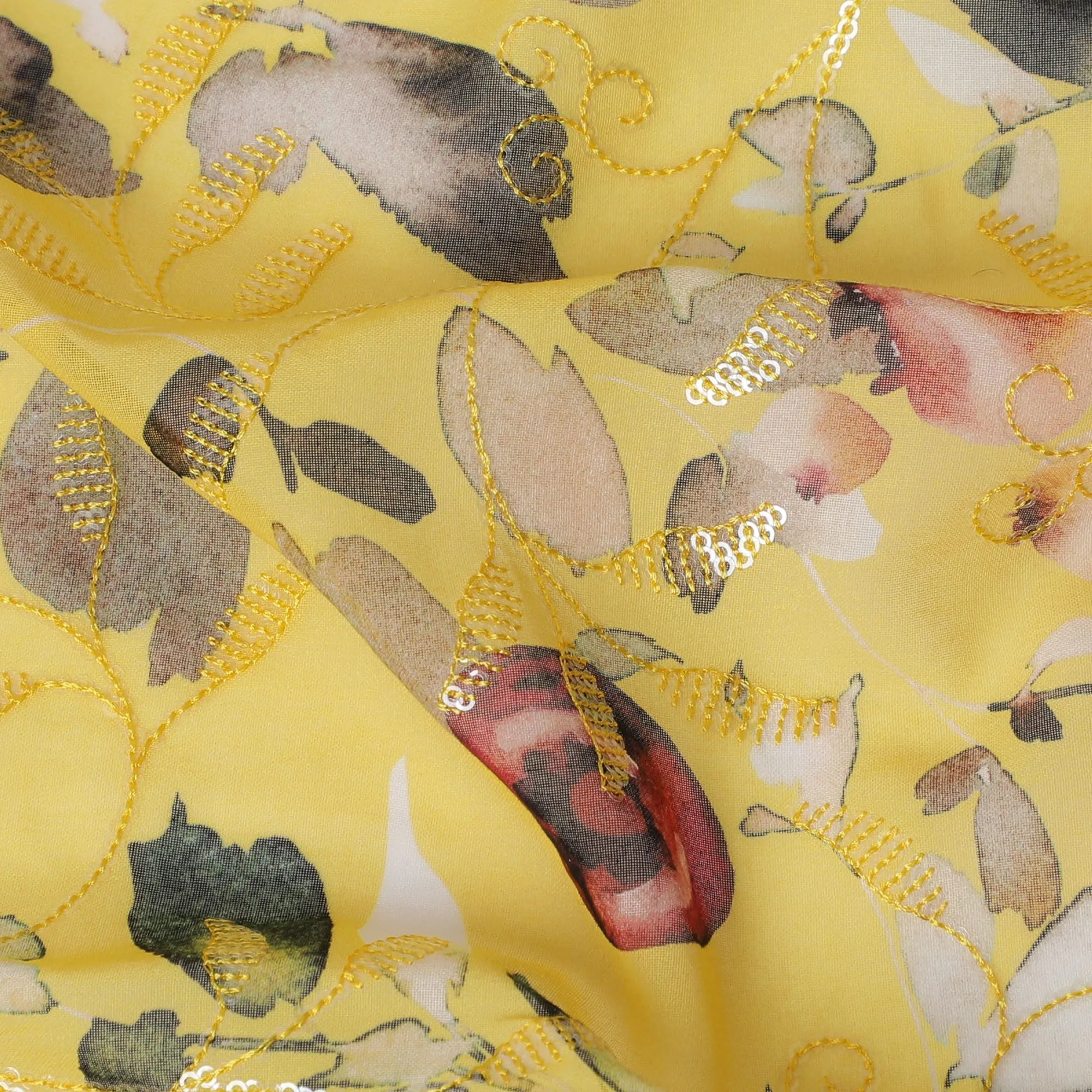 Vibrant Yellow Premium Cotton Voile Fabric with Delicate Floral Print - Traditional Thobe Material, 140 cm Wide-D20221