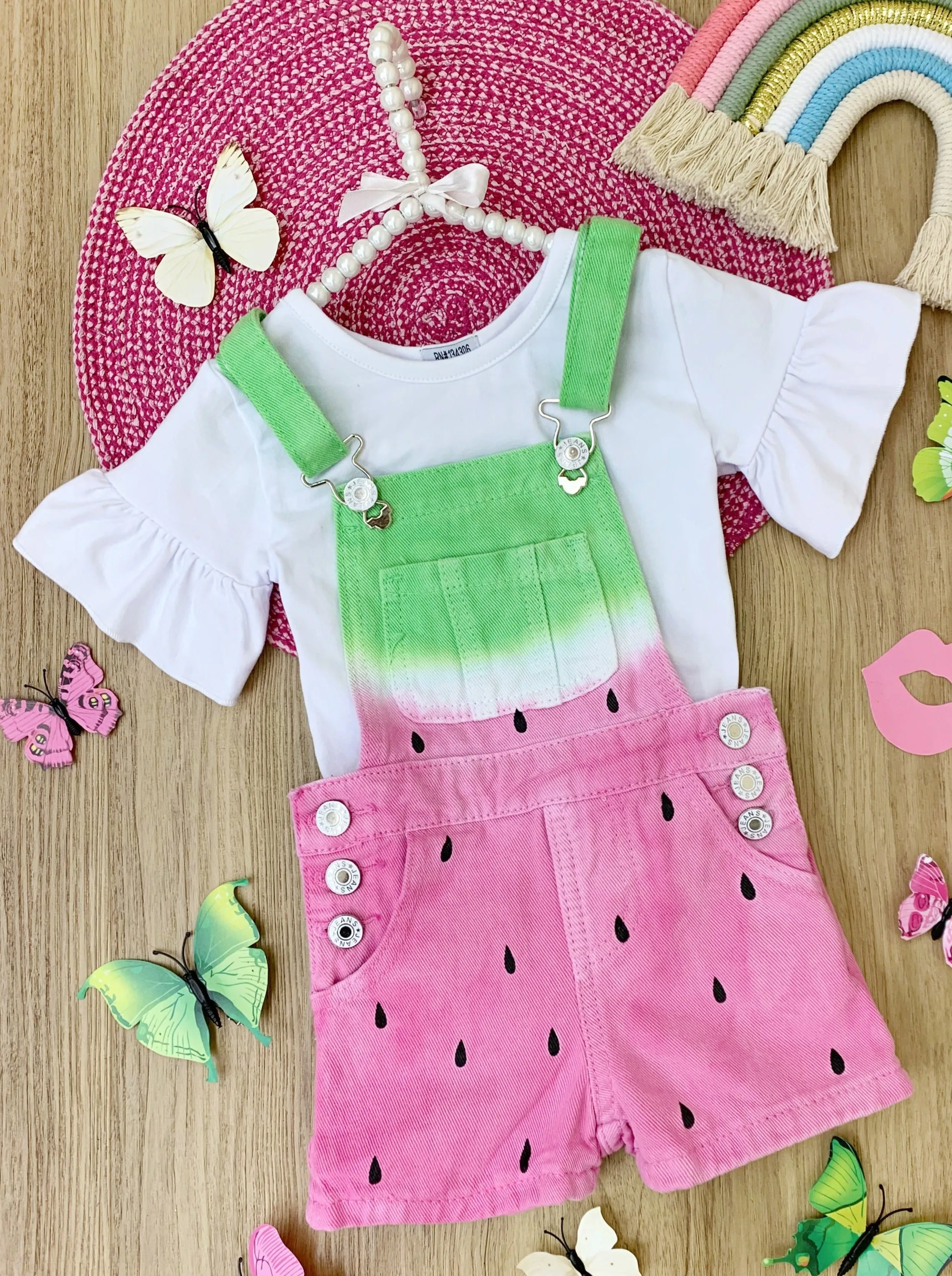 Watermelon Seeds Denim Overall Short Set