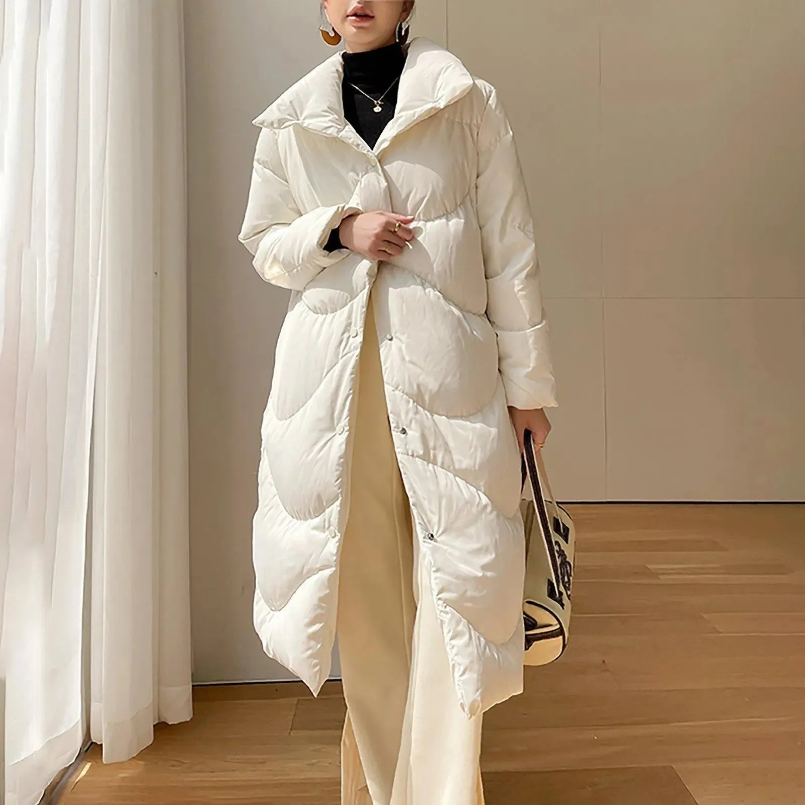 White Big Collar Front Slap Closure Long Down Puffer Coat