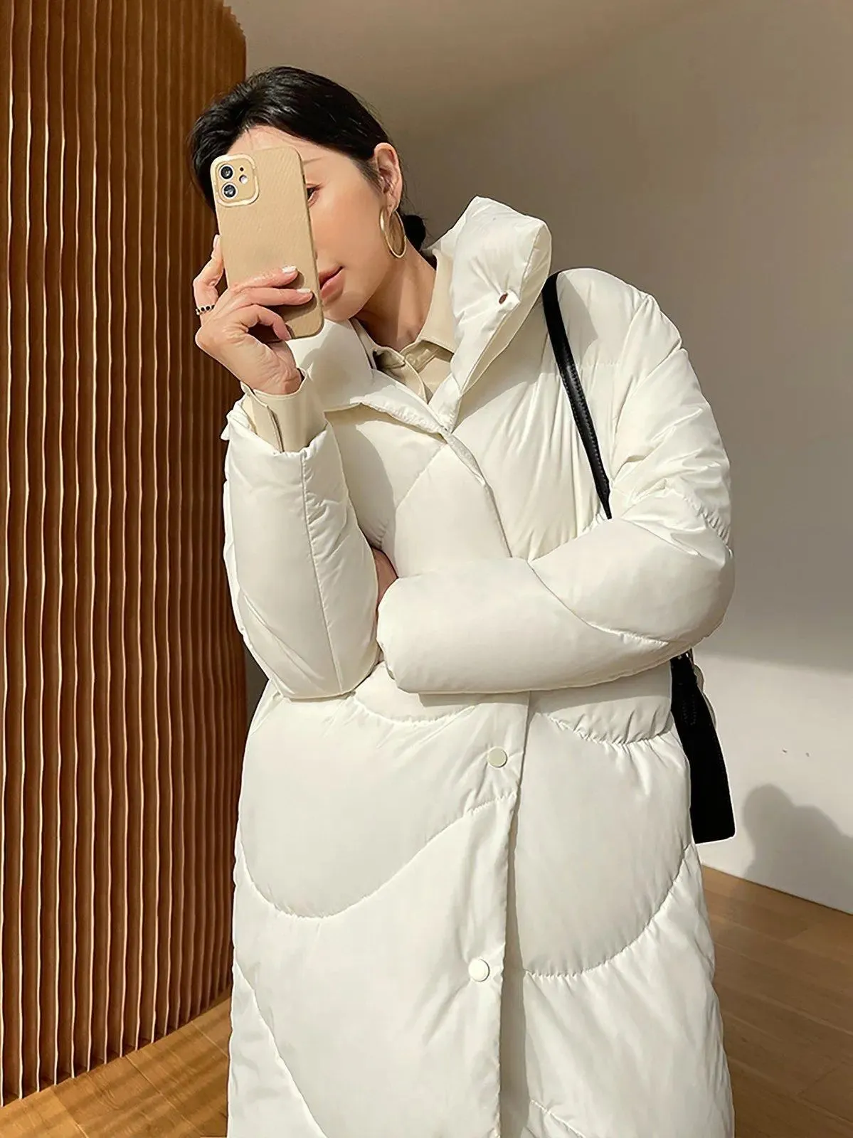 White Big Collar Front Slap Closure Long Down Puffer Coat