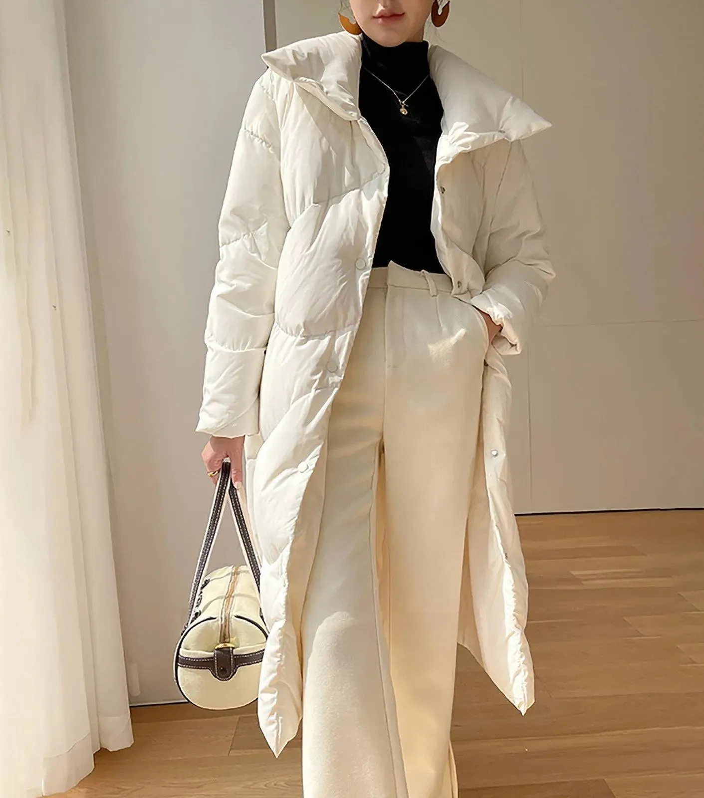 White Big Collar Front Slap Closure Long Down Puffer Coat