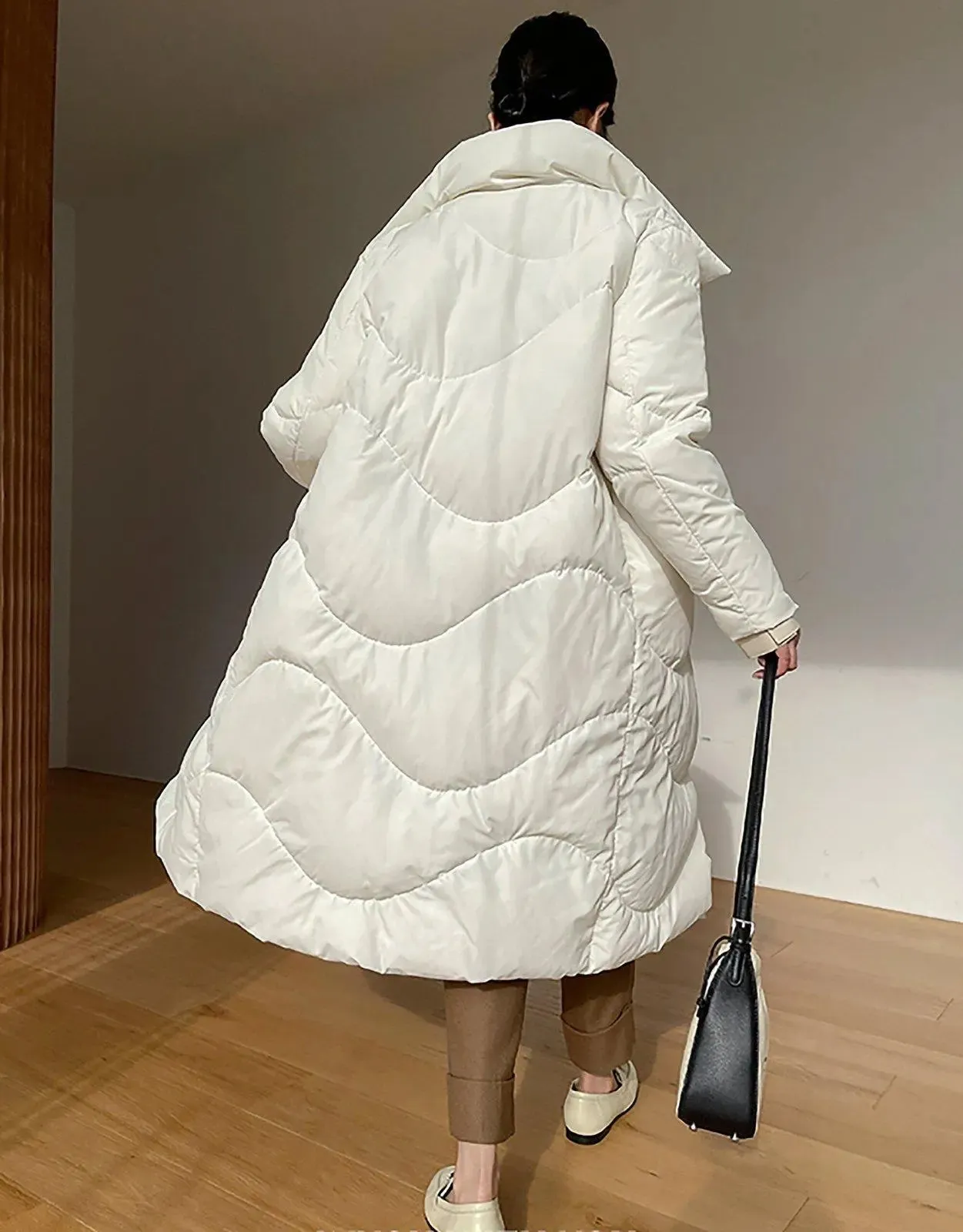 White Big Collar Front Slap Closure Long Down Puffer Coat