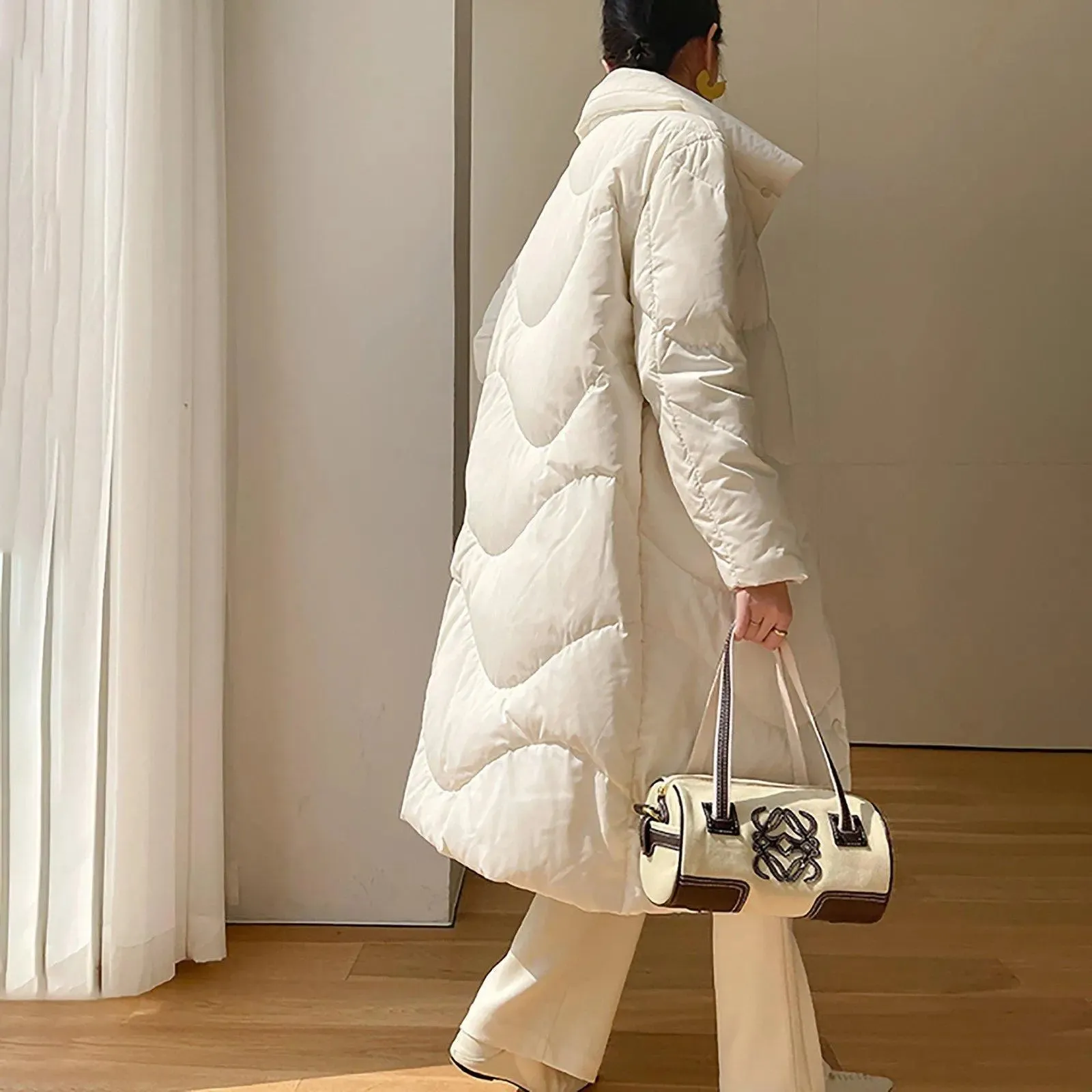 White Big Collar Front Slap Closure Long Down Puffer Coat