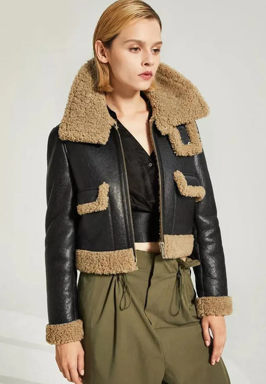 Women’s Black Leather Brown Shearling Big Collared Jacket