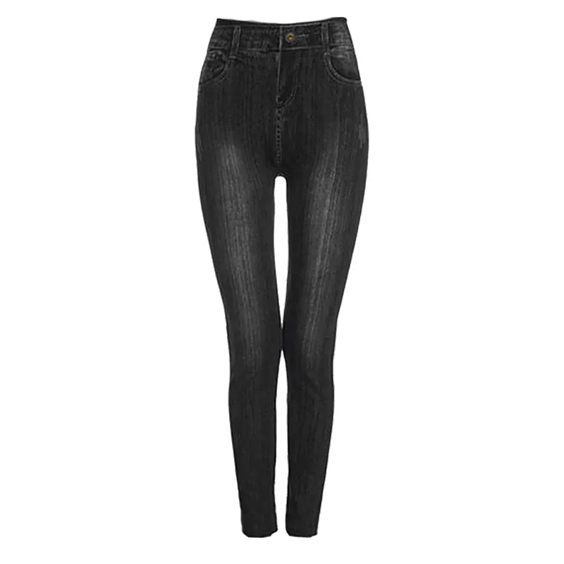 Women's Elastic Imitation Denim Tight Jeans Mid Waisted Slim Fitting Seamless Casual Pencil Pants - WJN0026