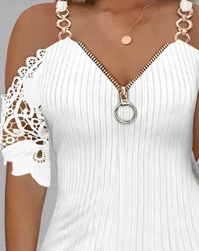 Women's Hot Sale 2023 New Spring/summer Fashion Solid Color Contrast Lace Cold Shoulder Zipper Front T-Shirt