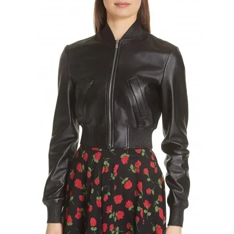 Women's Long Sleeves Black Leather Bomber Jacket