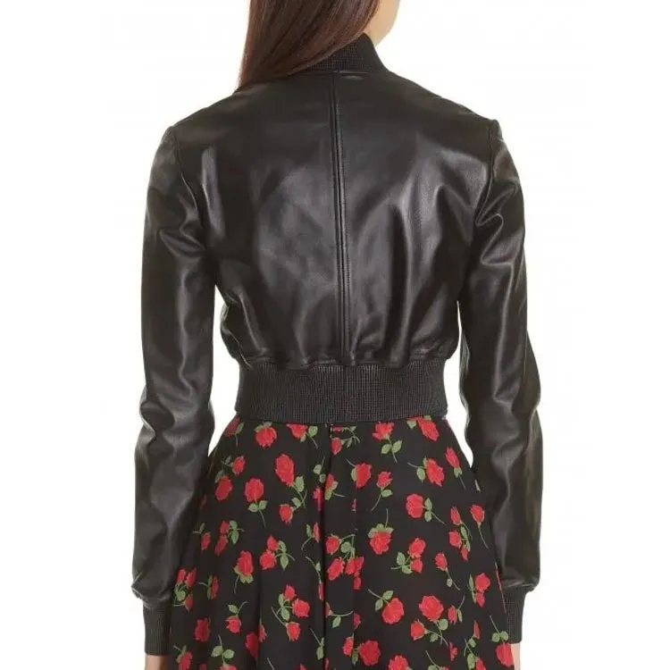 Women's Long Sleeves Black Leather Bomber Jacket