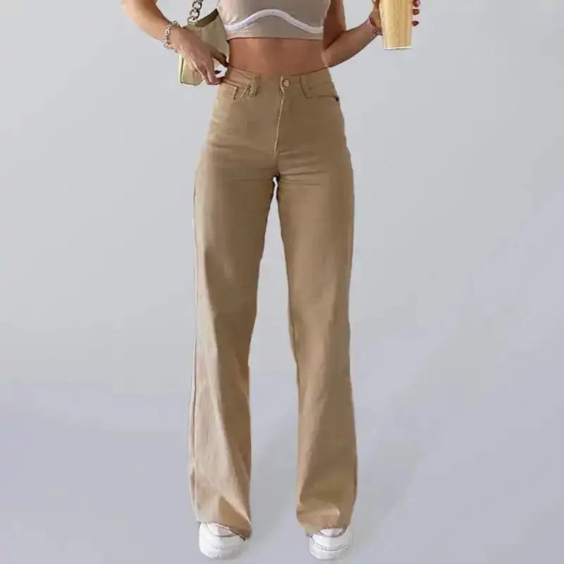 Women’s solid color jeans loose slim high waist women’s casual trousers