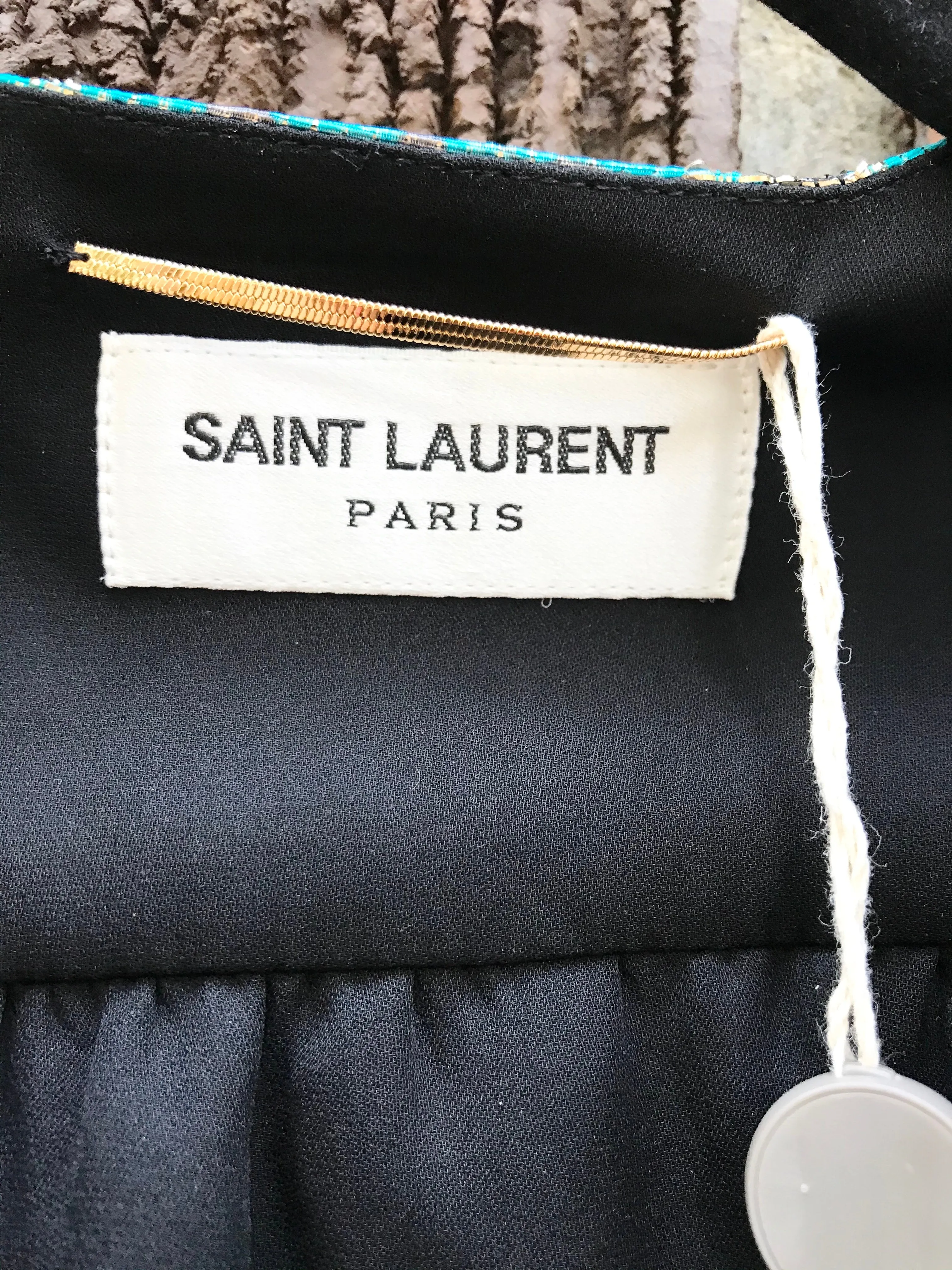 YVES SAINT LAURENT Paris Gold Turquoise Print Silk Blend Romper