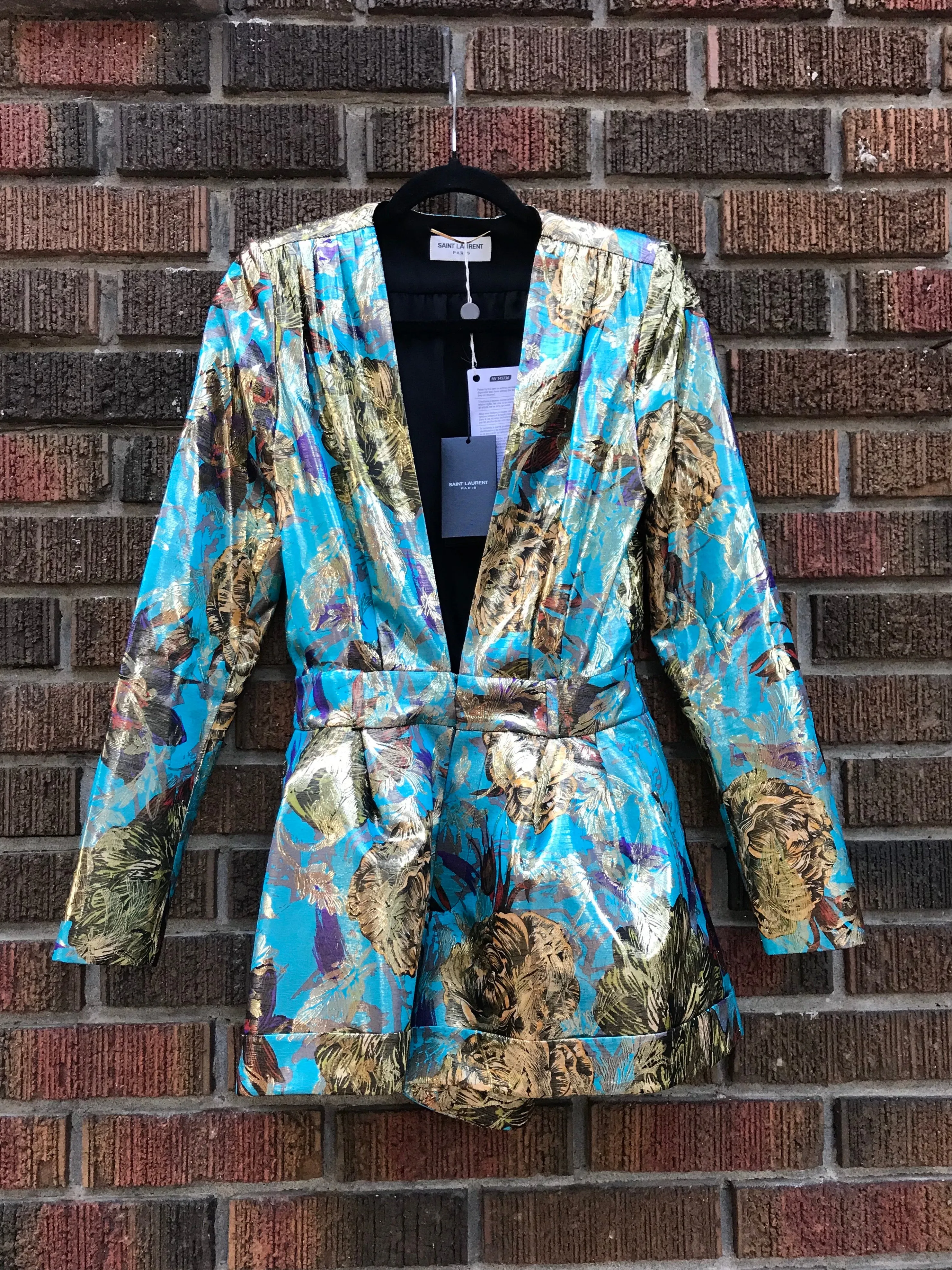 YVES SAINT LAURENT Paris Gold Turquoise Print Silk Blend Romper