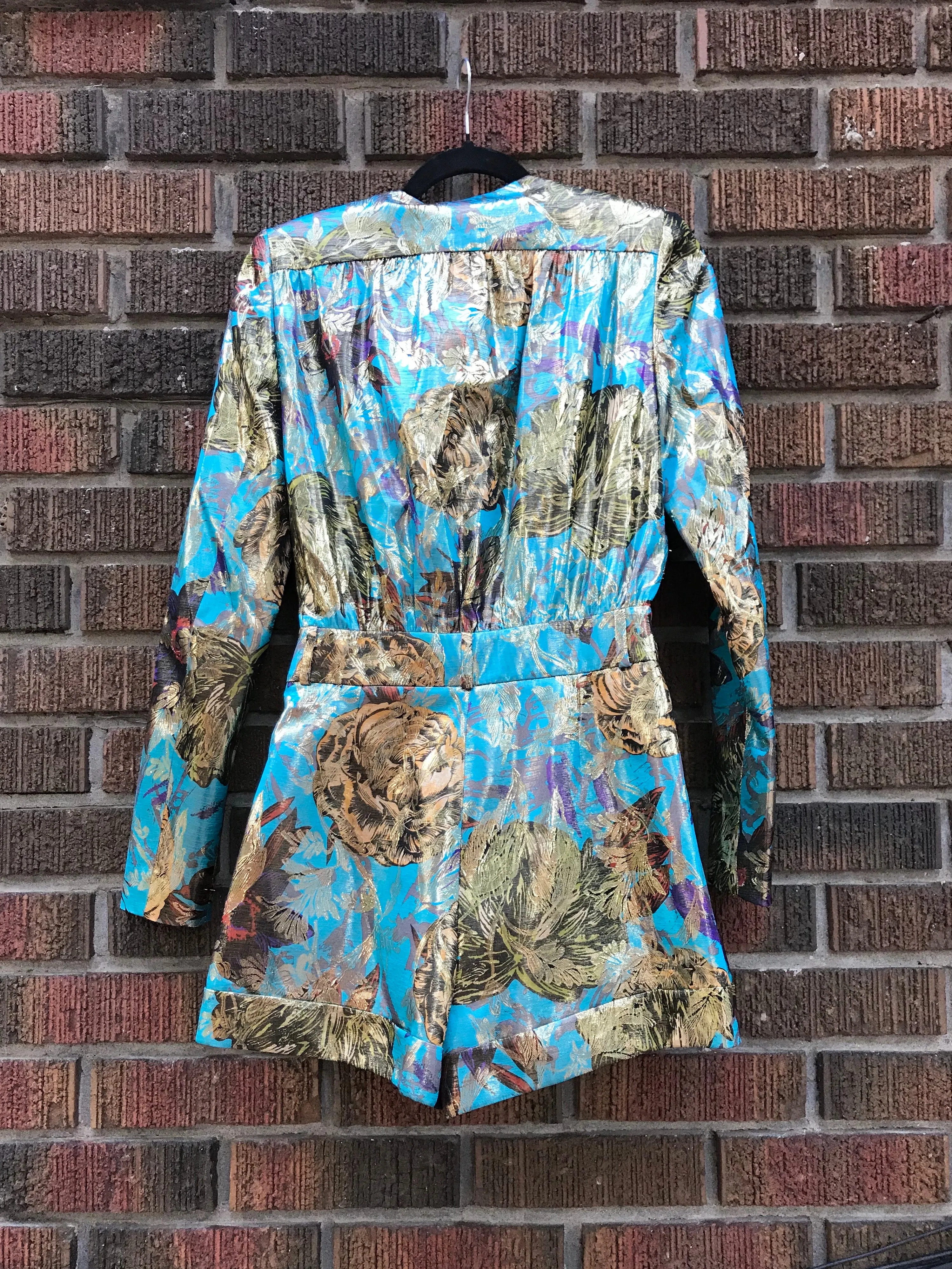 YVES SAINT LAURENT Paris Gold Turquoise Print Silk Blend Romper