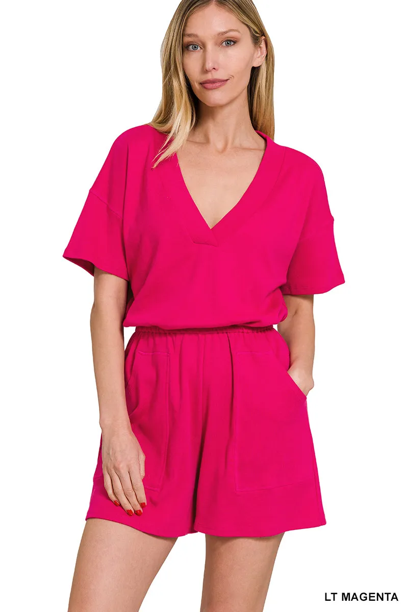 ZENANA V-NECK ROMPER WITH POCKETS